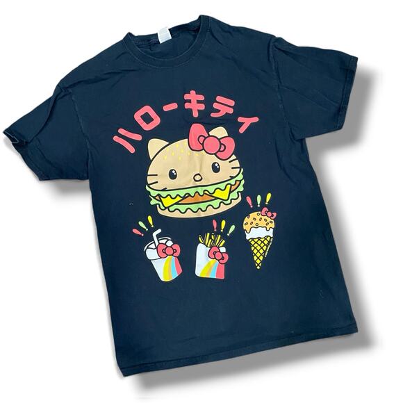 Sanrio Hello Kitty Graphic Tee Size MEDIUM HK Burgers and Fries on Black T-Shirt - Picture 1 of 6